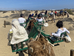 Miaomiao and Max on their Dromedary at the Maspalomas Dunes, viewed from Tim`s Dromedary, during the Camel Safari