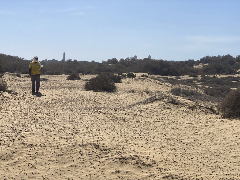 Guide at the Maspalomas Dunes, the Faro de Maspalomas lighthouse and the towers of the Lopesan Costa Meloneras Resort, Spa & Casino, viewed from Tim`s Dromedary, during the Camel Safari