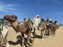 Tim, Miaomiao and Max on their Dromedaries at the Maspalomas Dunes, during the Camel Safari