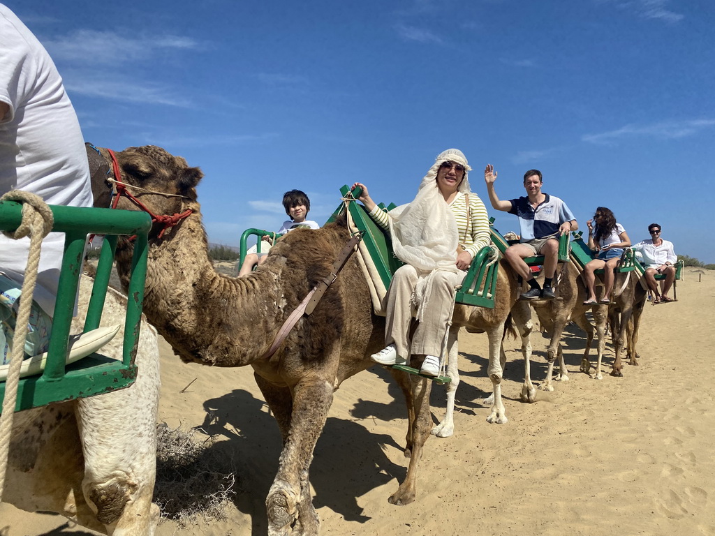 Tim, Miaomiao and Max on their Dromedaries at the Maspalomas Dunes, during the Camel Safari