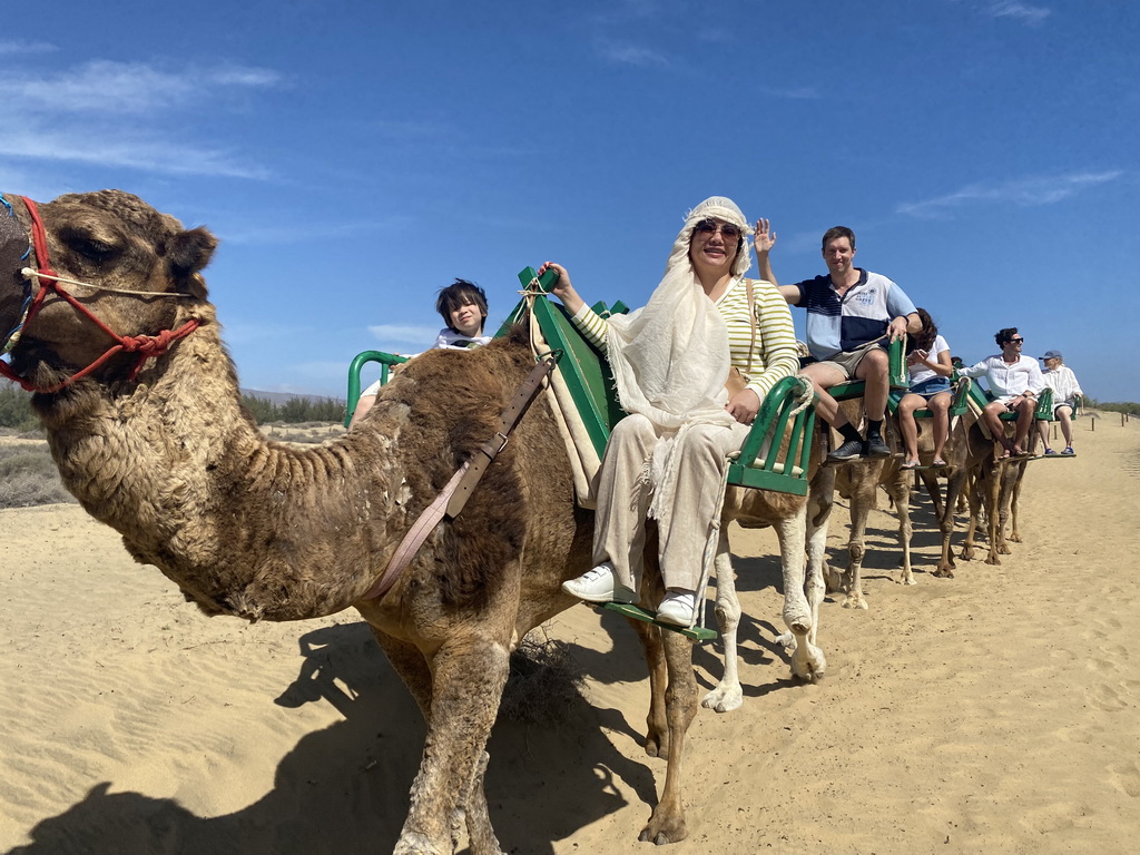 Tim, Miaomiao and Max on their Dromedaries at the Maspalomas Dunes, during the Camel Safari