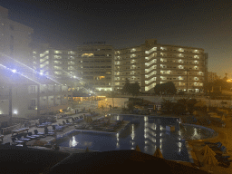 The Hotel Green Field and the Agaete Parque hotel, viewed from the pedestrian bridge over the GC-500 road, by night