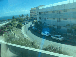 The Calle los Geranios street and the Apartments MarinaSol & Aqua Spa, viewed from the bus to Las Palmas at the GC-500 road