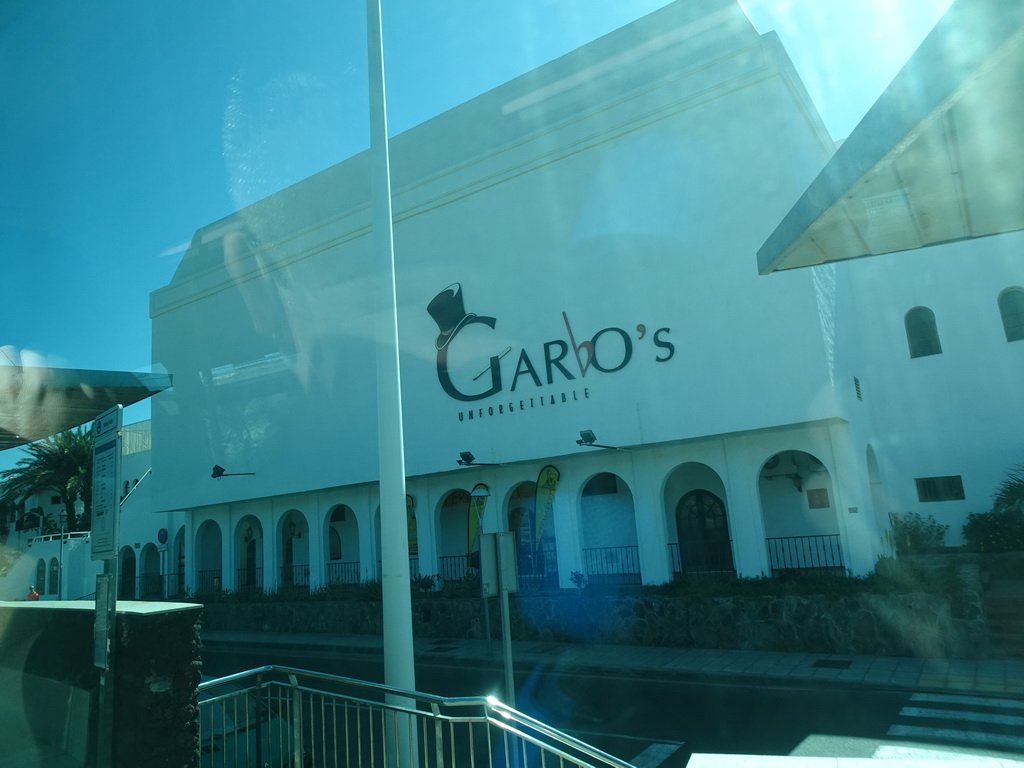 Front of Garbo´s Unforgettable restaurant at the Avenida de Wind Surfing street at the town of Tarajalillo, viewed from the bus to Las Palmas at the GC-500 road