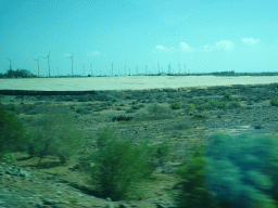 Greenhouses and windmills near the Cañada de la Cebolleta ravine, viewed from the bus to Las Palmas at the GC-1 road