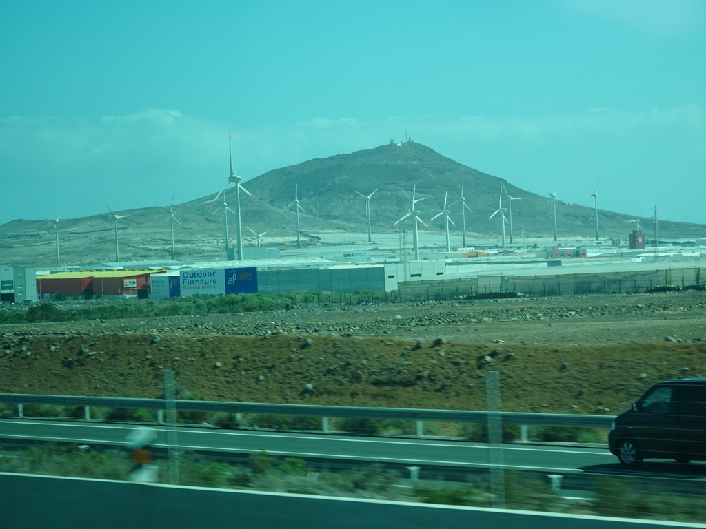 Windmills near the town of Agüimes and the Arinaga Mountain, viewed from the bus to Las Palmas at the GC-1 road