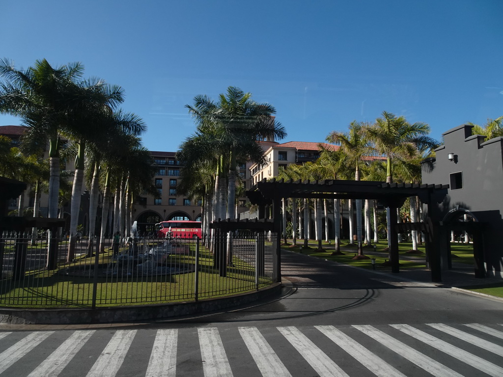 Front of the Lopesan Costa Meloneras Resort at the Calle Mar Mediterráneo street, Spa & Casino, viewed from the tour bus to Puerto Rico