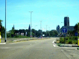 The Begijnhof Church and the towers of the Sint-Katelijnekerk Church, the Sint-Janskerk Church and St. Rumbold`s Cathedral, viewed from the car on the N16 road