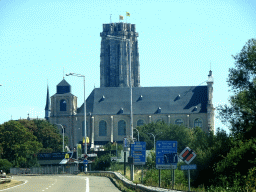 The Begijnhof Church and the tower of St. Rumbold`s Cathedral, viewed from the car on the N16 road