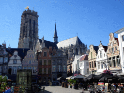 Buildings at the northwest side of the Grote Markt square and St. Rumbold`s Cathedral