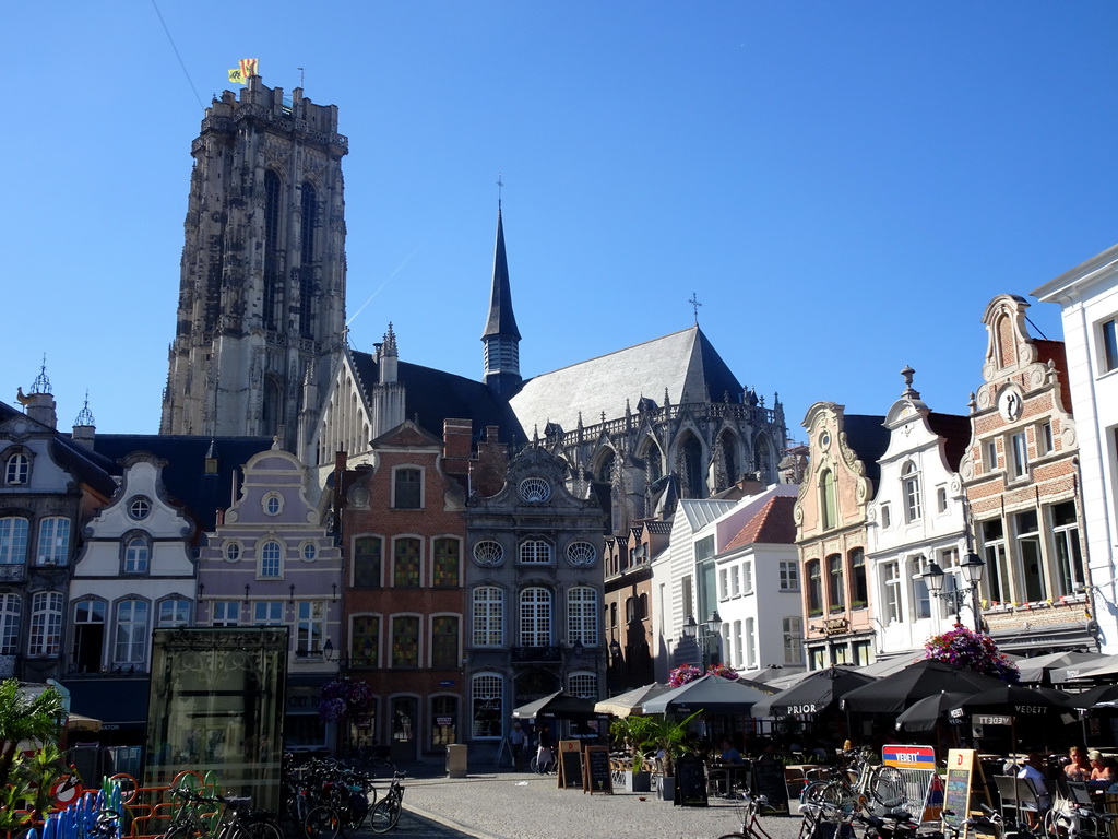 Buildings at the northwest side of the Grote Markt square and St. Rumbold`s Cathedral