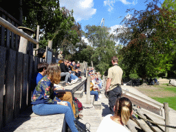 Zookeeper at the grandstand of the birds of prey show at the Europe section of ZOO Planckendael