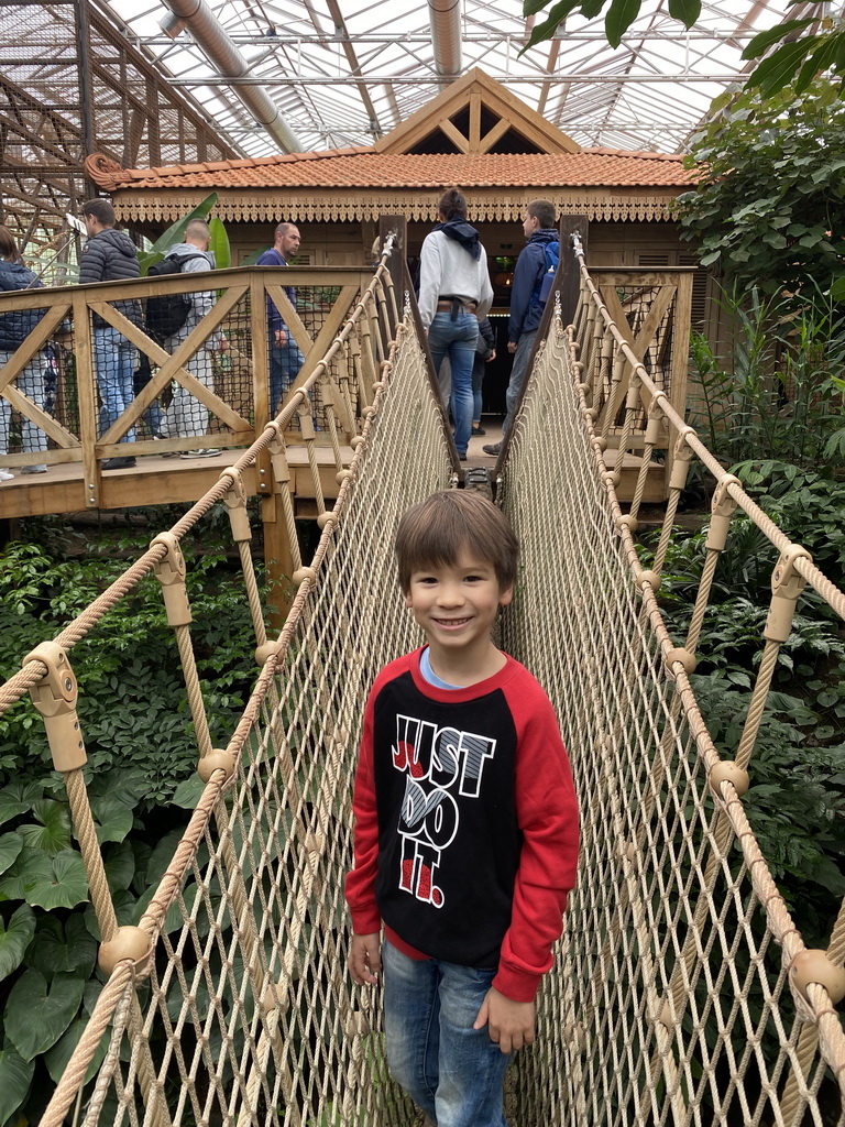 Max on the rope bridge at the `Adembenemend Azië` building at the Asia section of ZOO Planckendael