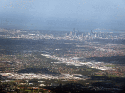 The suburb of Darebin, the AAMI Park stadium, skyscrapers in the city center and the coastline, viewed from the airplane from Sydney