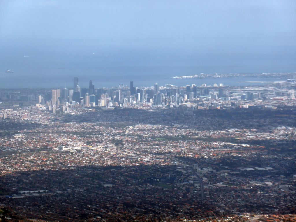 The north side of the city, skyscrapers in the city center and the coastline, viewed from the airplane from Sydney