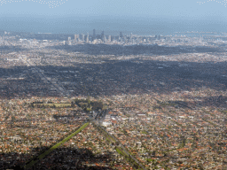 The north side of the city with Cheddar Road and High Street, skyscrapers in the city center and the coastline, viewed from the airplane from Sydney