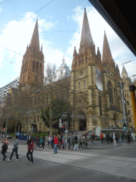 St. Paul`s Cathedral at the crossing of Flinders Street and Swanston Street, viewed from the City Circle Tram