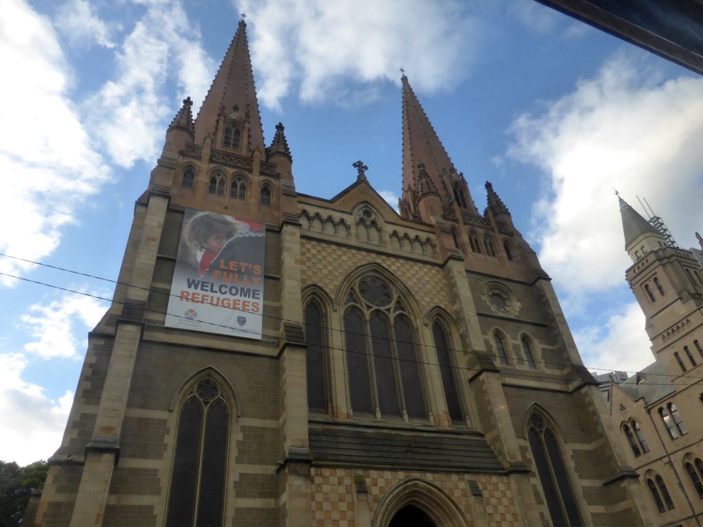 Facade of St. Paul`s Cathedral at Flinders Street, viewed from the City Circle Tram