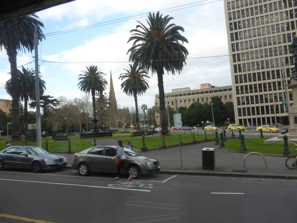 The Gordon Reserve and the tower of St. Patrick`s Cathedral, viewed from the City Circle Tram