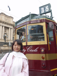 Miaomiao in front of the City Circle Tram at Spring Street
