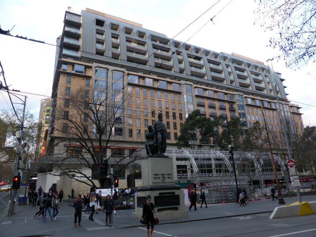 Swanston Street and City Square with a sculpture of Robert O`Hara Burke and William John Wills by Charles Summers
