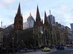 Front of St. Paul`s Cathedral at the crossing of Flinders Street and Swanston Street, at sunset