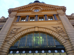 Facade of the Flinders Street Railway Station at the crossing of Flinders Street and St. Kilda Road, at sunset