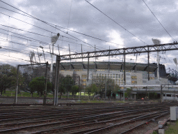 The railway and the Melbourne Cricket Ground, viewed from the Rod Laver Arena / Melbourne Park tram stop, at sunset