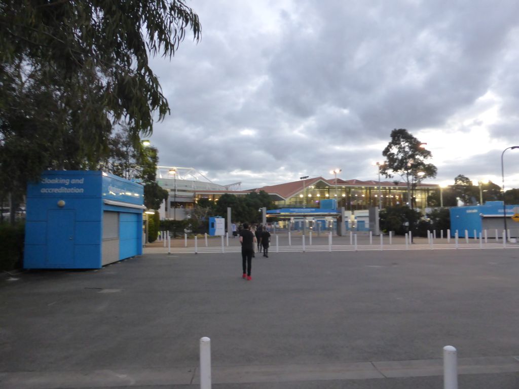 Entrance to Melbourne Park and the Rod Laver Arena, viewed from the Rod Laver Arena / Melbourne Park tram stop, at sunset