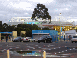 Entrance to Melbourne Park and the Rod Laver Arena, viewed from the Rod Laver Arena / Melbourne Park tram stop, at sunset