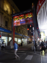 The west gate of Chinatown at the crossing of Little Bourke Street and Swanston Street, by night
