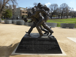 Sculpture for the first recorded game of Australian football, by Louis Laumen, at the north side of the Melbourne Cricket Ground at Yarra Park