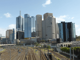 The railway and skyscrapers in the city center, viewed from the William Barak Bridge