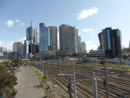 The railway and skyscrapers in the city center, viewed from the William Barak Bridge