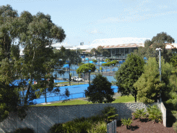 The Rod Laver Arena and tennis courts at Melbourne Park, viewed from the William Barak Bridge