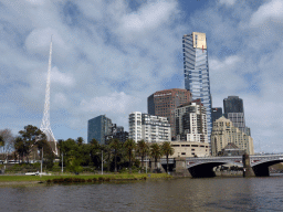 The Princess Bridge over the Yarra River, the Spire of the Arts Centre Melbourne and the Eureka Tower, viewed from the Princes Walk at the Birrarung Marr Park