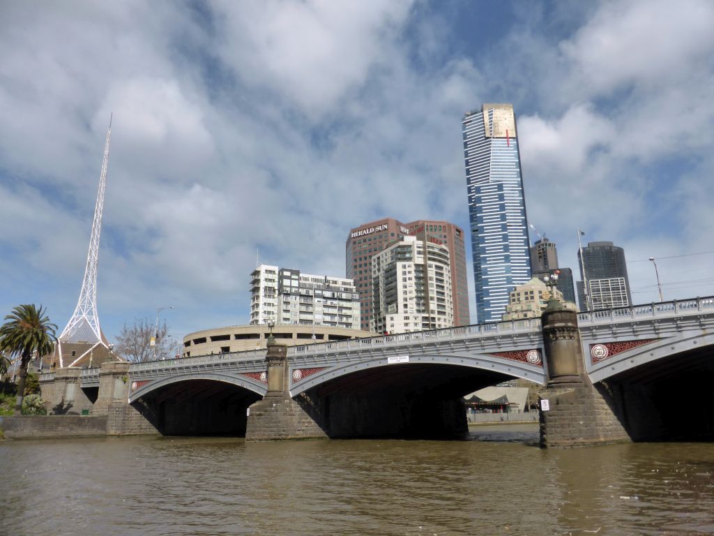 The Princess Bridge over the Yarra River, the Spire of the Arts Centre Melbourne and the Eureka Tower, viewed from the Princes Walk at the Birrarung Marr Park