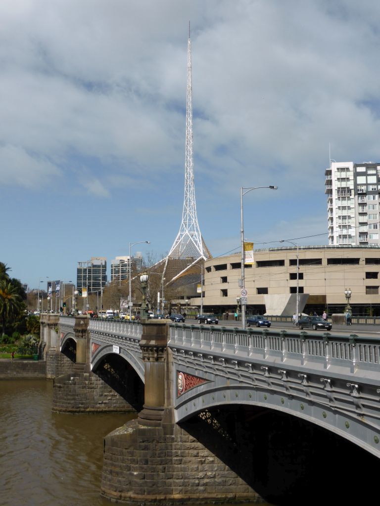 The Princess Bridge over the Yarra River and the Spire of the Arts Centre Melbourne, viewed from St. Kilda Road