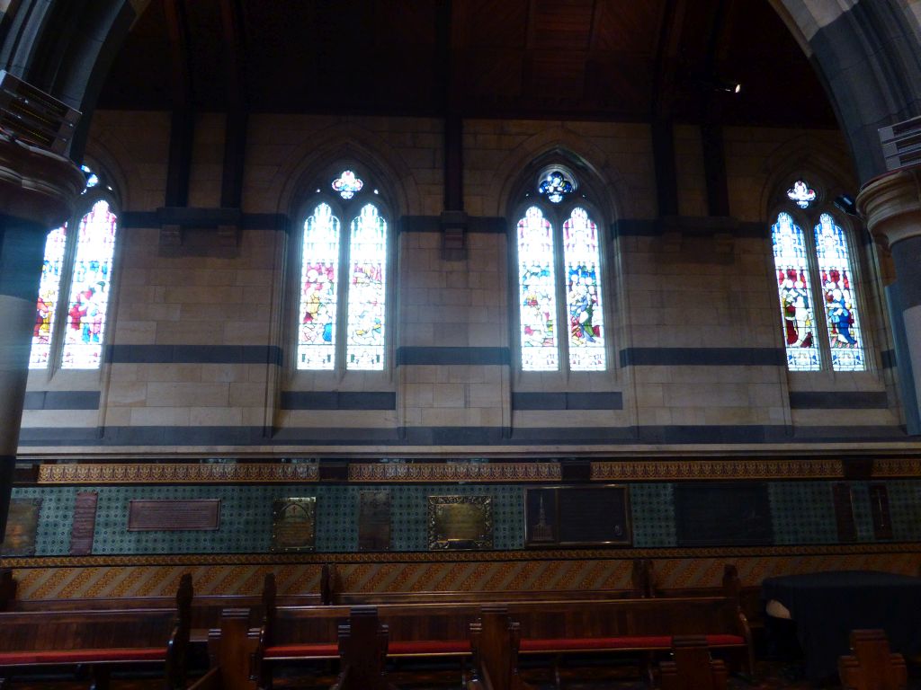 Stained glass windows at the aisle of St. Paul`s Cathedral