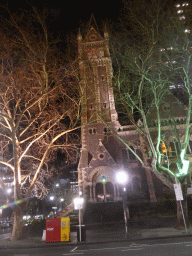 South side of St Michael`s Uniting Church at Collins Street, viewed from our tour bus from Phillip Island, by night