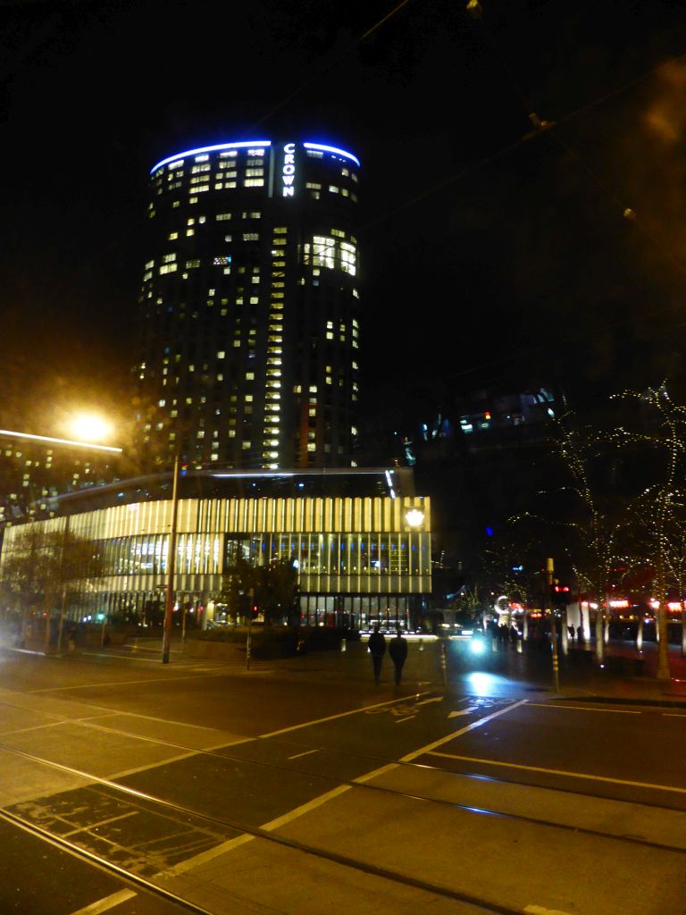 East side of the Crown Towers Hotel at Queensbridge Street, viewed from our tour bus from Phillip Island, by night