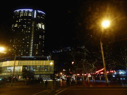 East side of the Crown Towers Hotel at Queensbridge Street, viewed from our tour bus from Phillip Island, by night