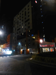 Front of the Travelodge Southbank Melbourne Hotel at the Riverside Quay, viewed from our tour bus from Phillip Island, by night