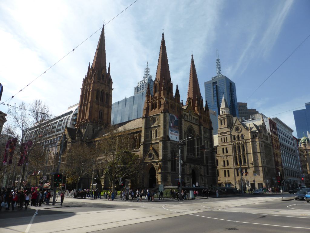Front of St. Paul`s Cathedral at the crossing of Flinders Street and Swanston Street