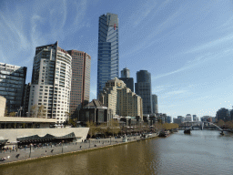 The Southbank Promenade, the Eureka Tower and the Southgate pedestrian bridge and the Sandridge Bridge over the Yarra River, viewed from the Princess Bridge