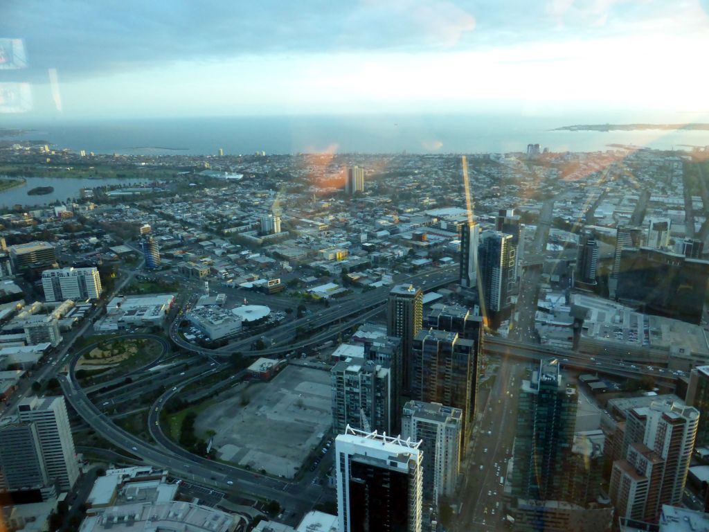 The south side of the city with the Albert Park Lake, Gunn Island and Hobsons Bay, viewed from the Skydeck 88 of the Eureka Tower