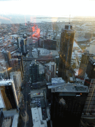 The southwest side of the city with the Freshwater Place building, the Prima Pearl Tower, the Crown Towers, the Port of Melbourne and Hobsons Bay, viewed from the Skydeck 88 of the Eureka Tower