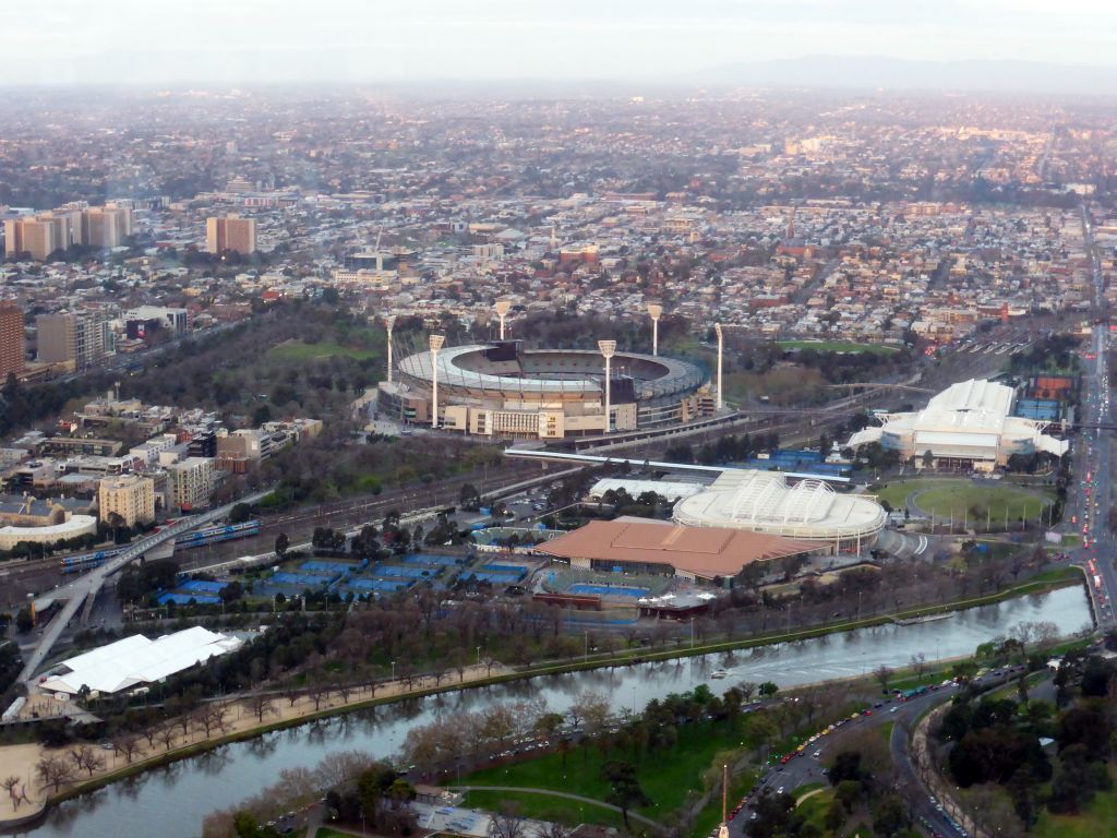 The Melbourne Cricket Ground, the Rod Laver Arena, Melbourne Park, the Hisense Arena and the Yarra River, viewed from the Skydeck 88 of the Eureka Tower