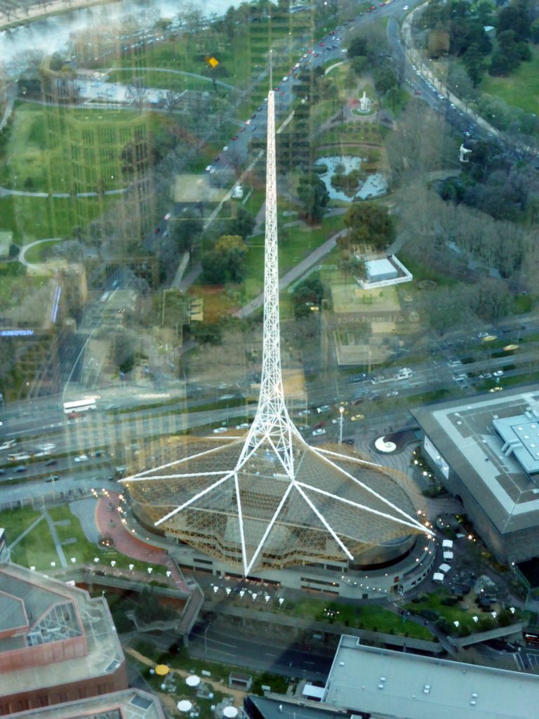 The Spire of the Arts Centre Melbourne, the Queen Victoria Gardens and Yarra River, viewed from the Skydeck 88 of the Eureka Tower
