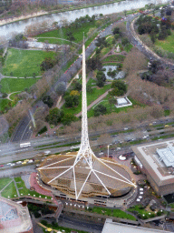 The Spire of the Arts Centre Melbourne, the Queen Victoria Gardens and Yarra River, viewed from the Skydeck 88 of the Eureka Tower